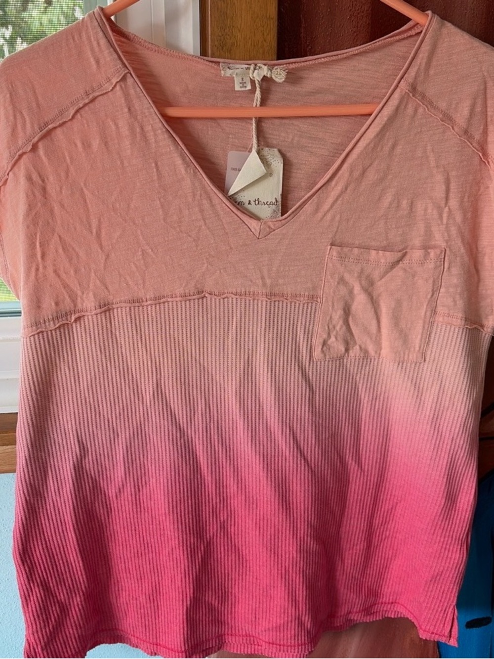 Hem & Thread Pink Ombre V-Neck Pocket Short Sleeve Top